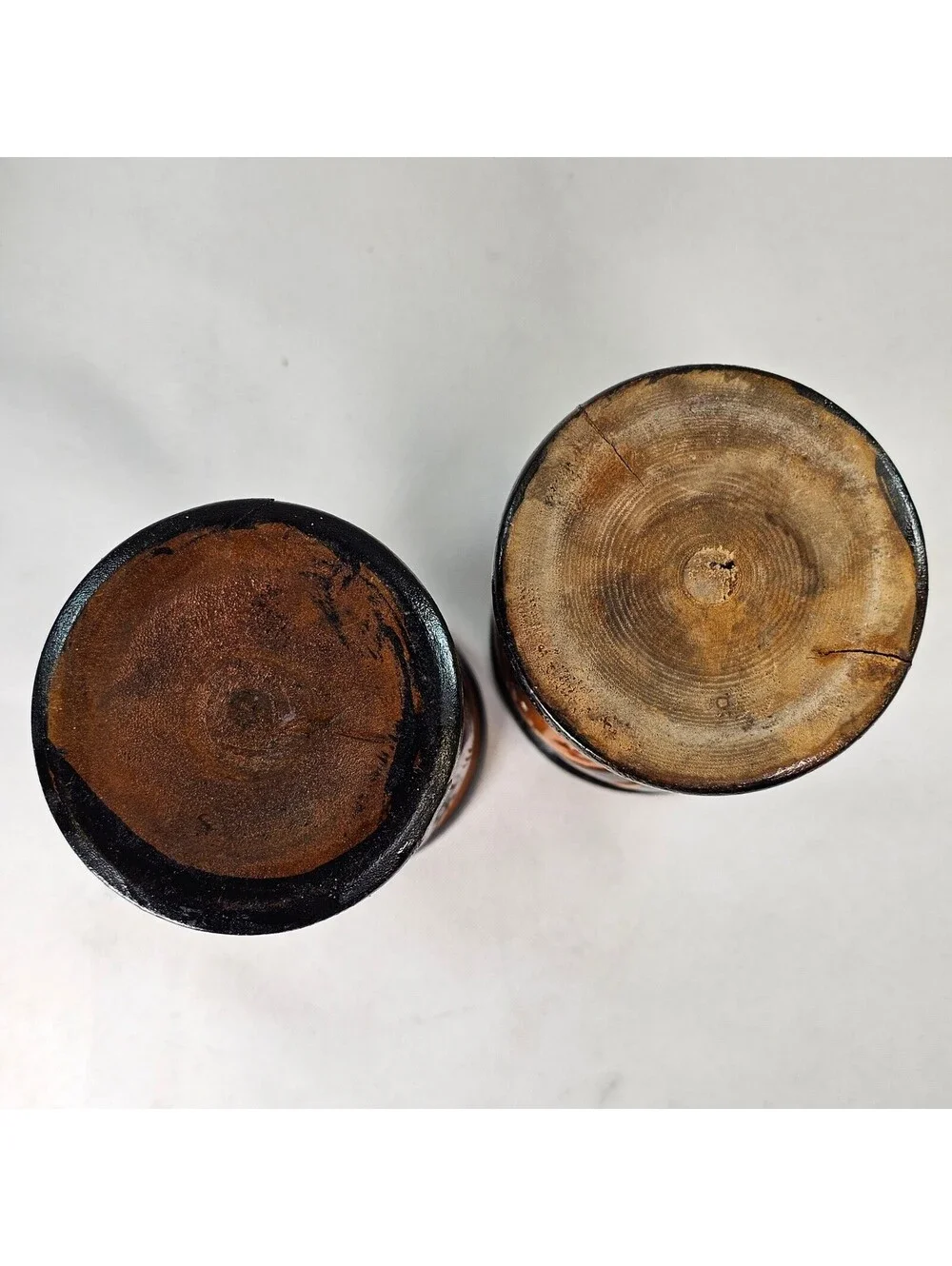 Vintage Hand Carved Wooden Vases Set of 2 Floral Etched Two Tone Black Natural